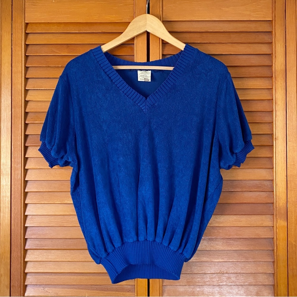 Vintage Sears Top Womens Size XXL Terry Knit Blue Short Sleeve V Neck 70s 80s